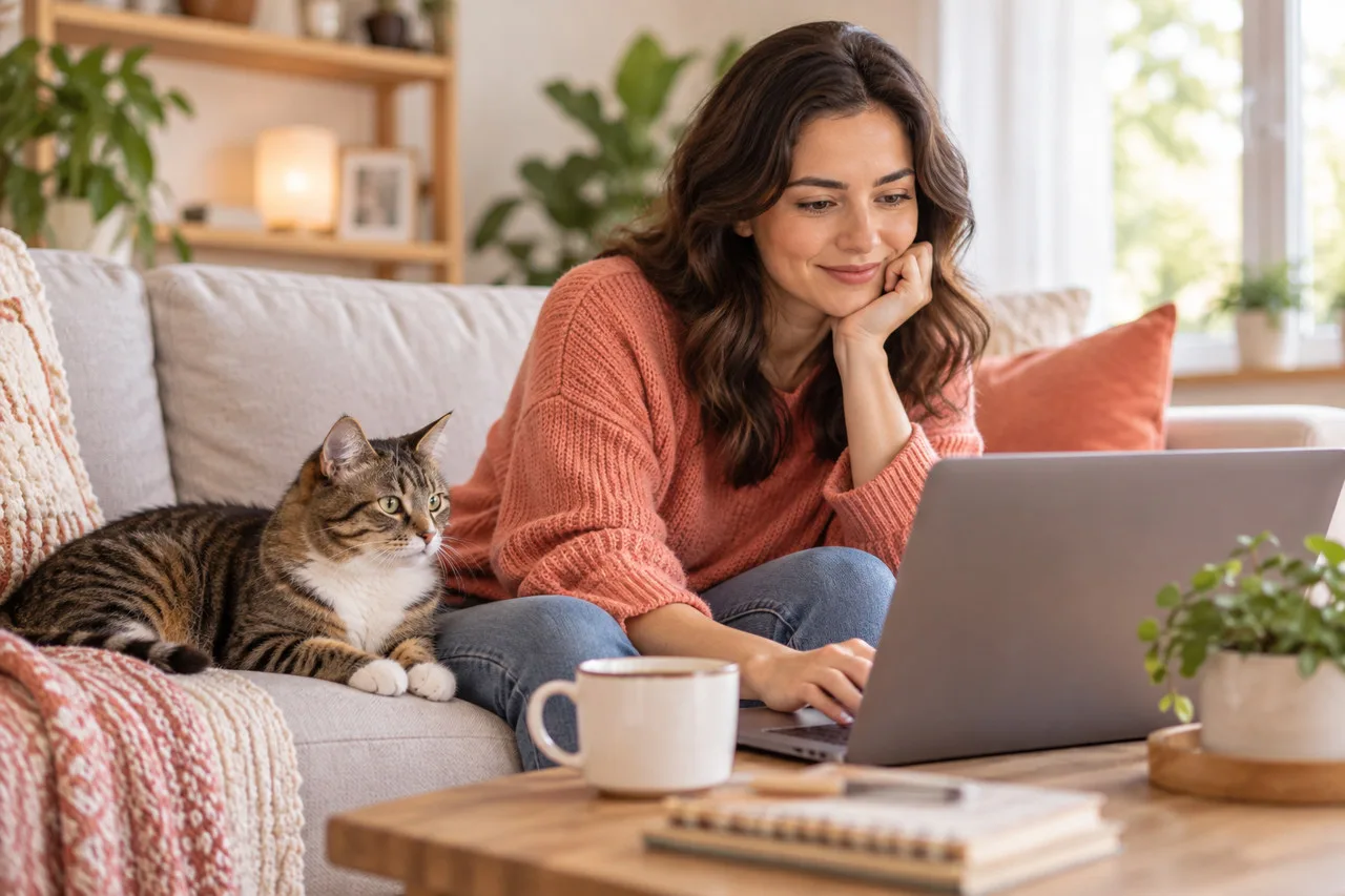 Woman using a laptop with a tabby cat beside her